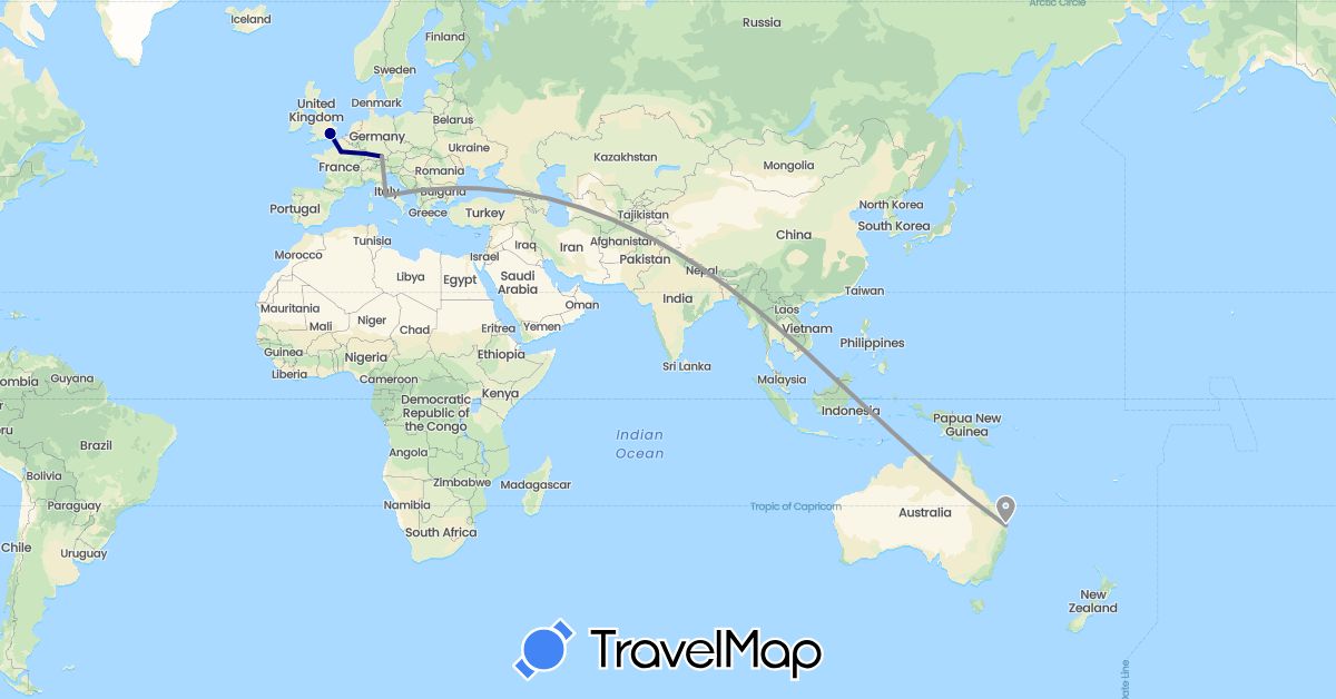 TravelMap itinerary: driving, plane in Australia, Germany, France, United Kingdom, Italy (Europe, Oceania)